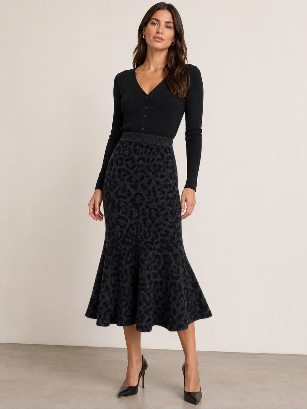 Valentino Garavani Black Leopard-Print Flared Knit Skirt